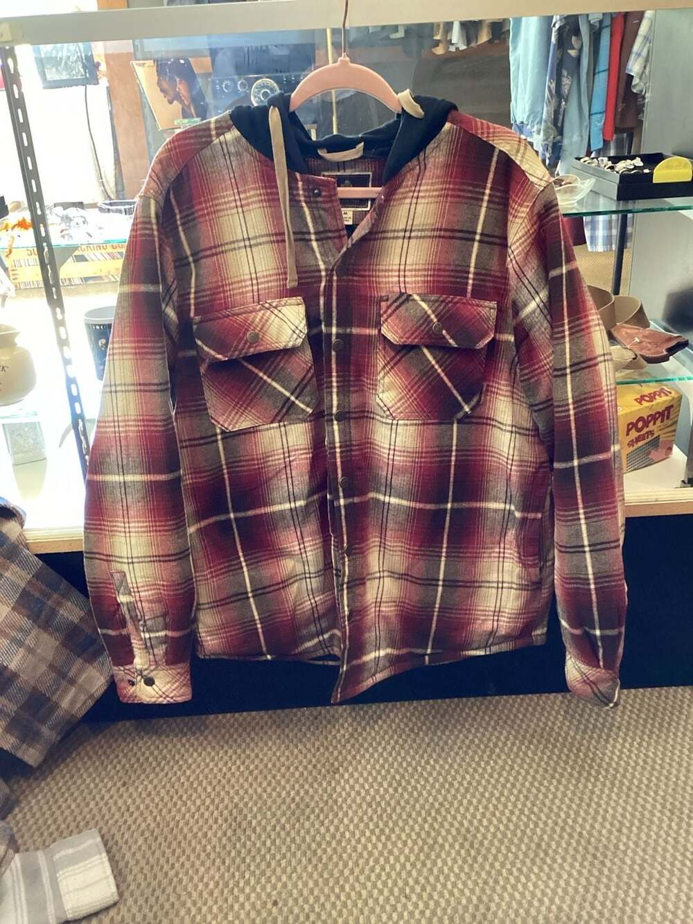 Medium Men's Hooded Cotton Flannel Shirt Jacket Red Plaid
